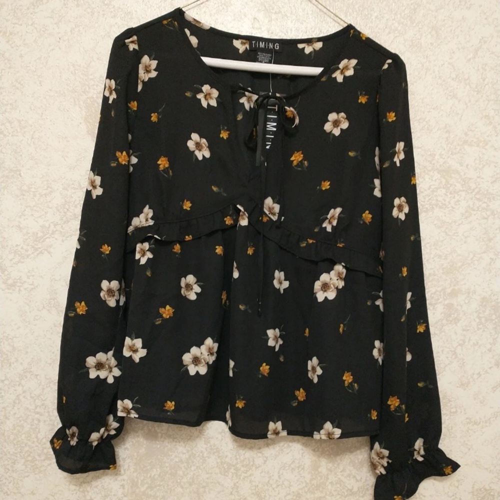 Timing Black Ruffle Blouse with Floral Accents
